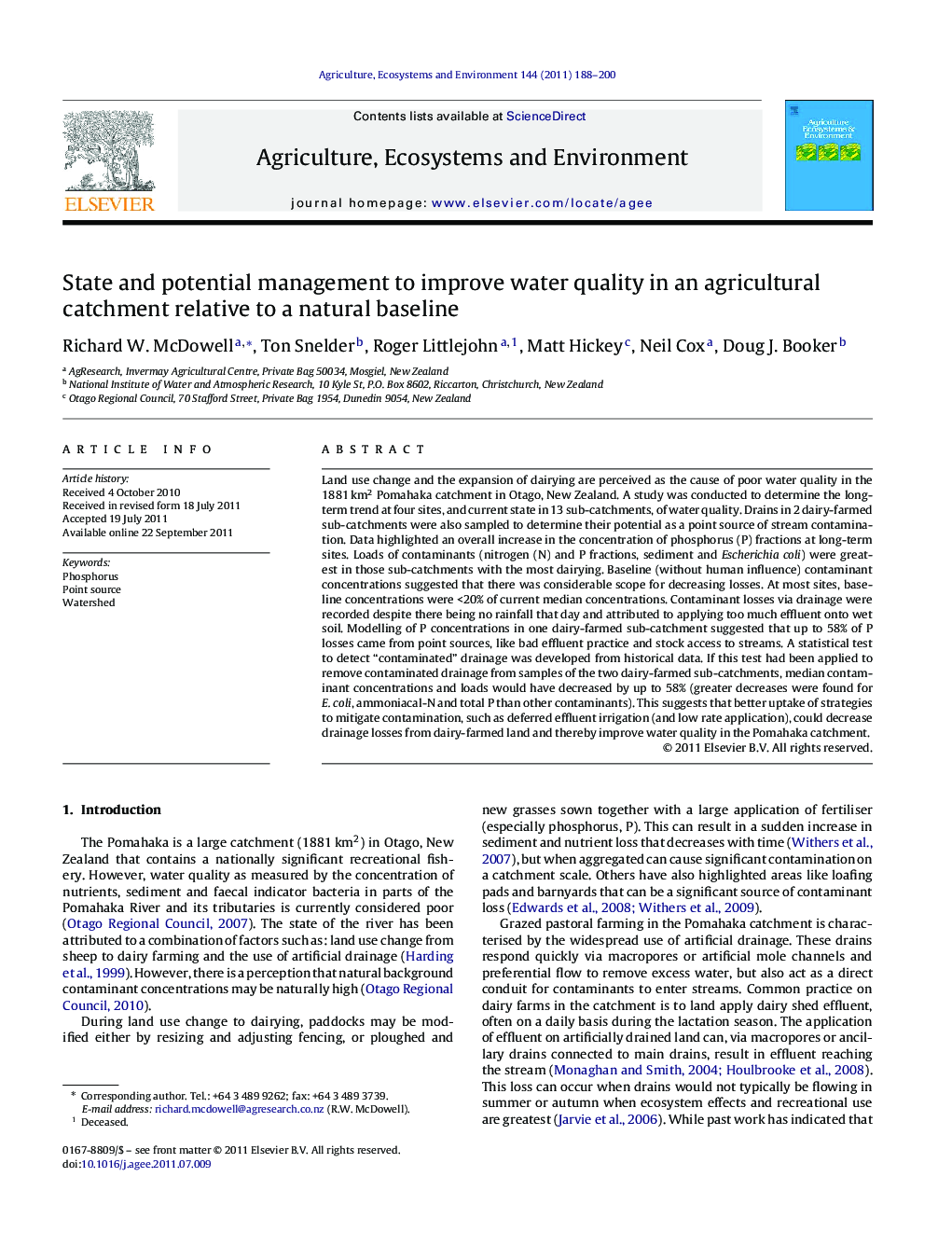 State and potential management to improve water quality in an agricultural catchment relative to a natural baseline