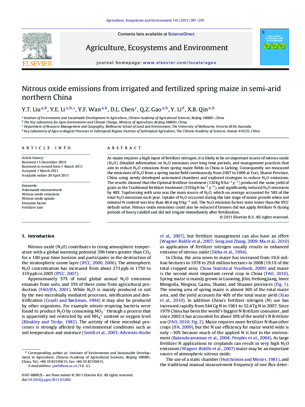 Nitrous oxide emissions from irrigated and fertilized spring maize in semi-arid northern China