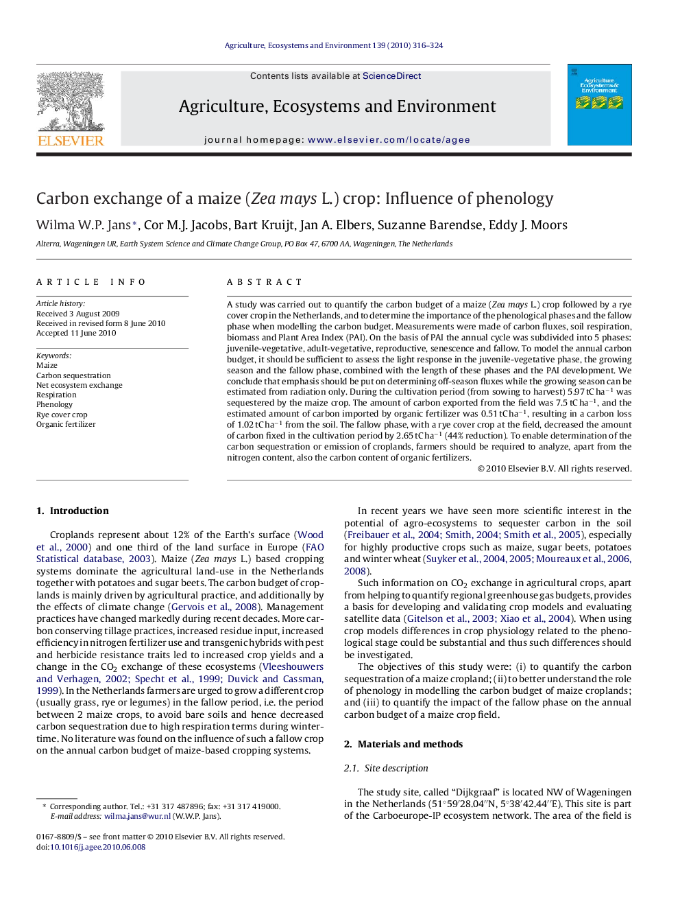 Carbon exchange of a maize (Zea mays L.) crop: Influence of phenology