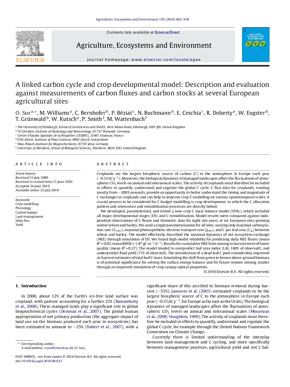 A linked carbon cycle and crop developmental model: Description and evaluation against measurements of carbon fluxes and carbon stocks at several European agricultural sites