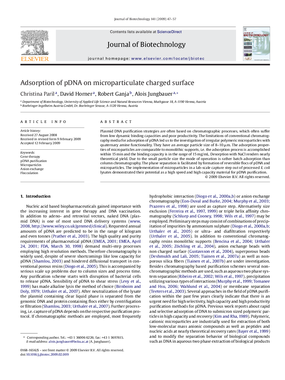 Adsorption of pDNA on microparticulate charged surface