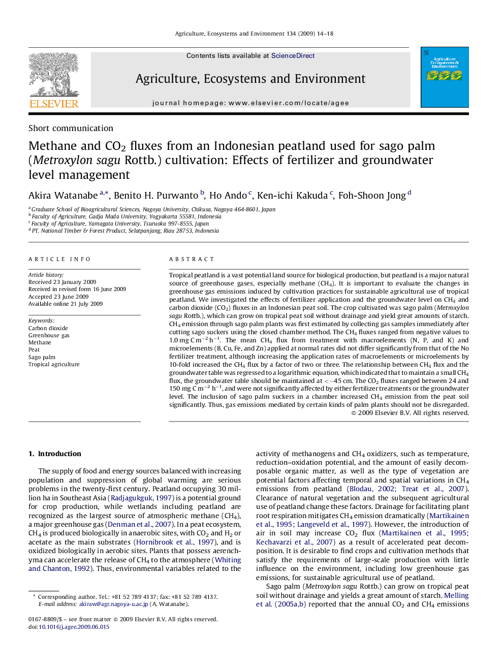 Methane and CO2 fluxes from an Indonesian peatland used for sago palm (Metroxylon sagu Rottb.) cultivation: Effects of fertilizer and groundwater level management