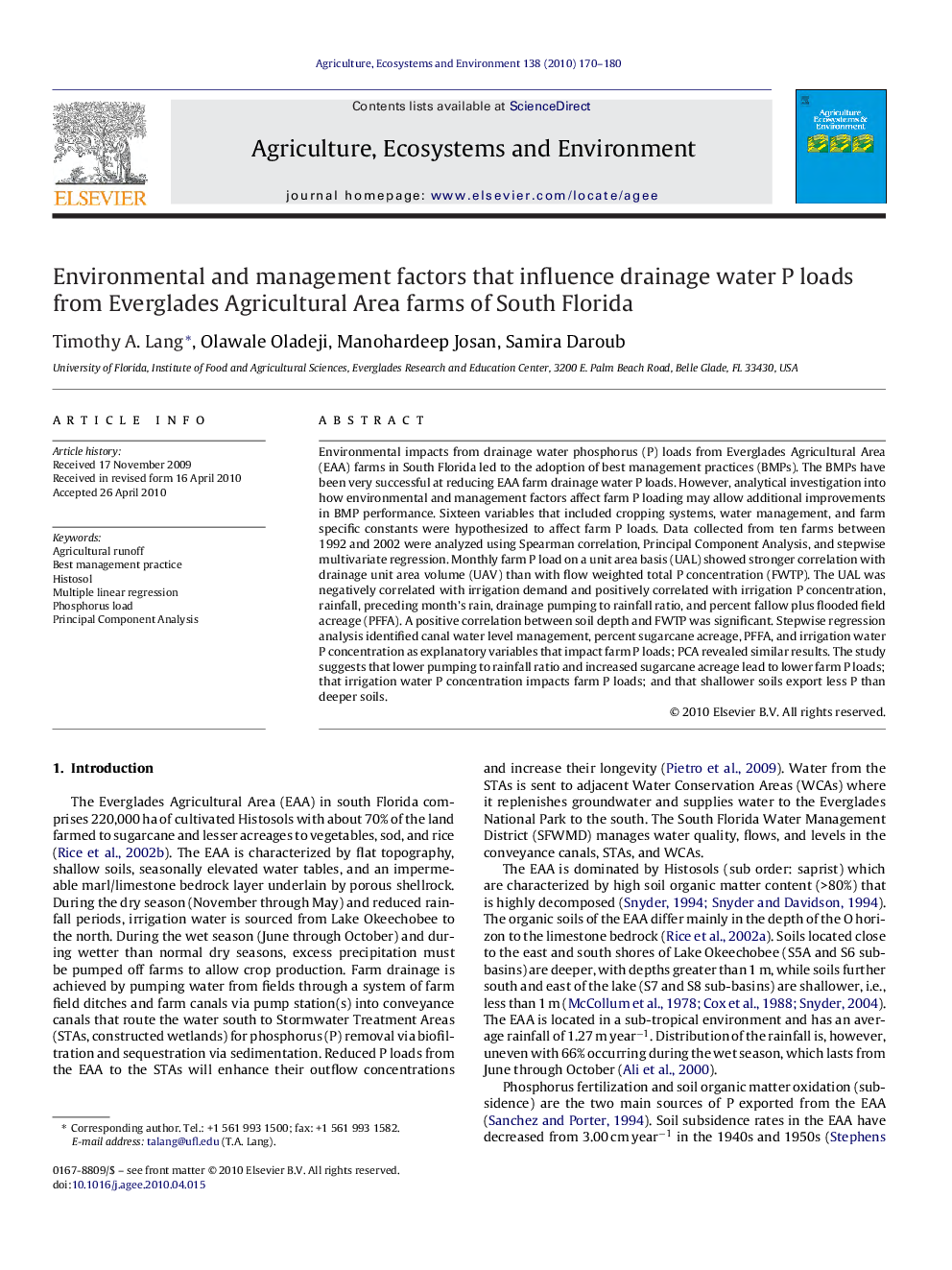 Environmental and management factors that influence drainage water P loads from Everglades Agricultural Area farms of South Florida