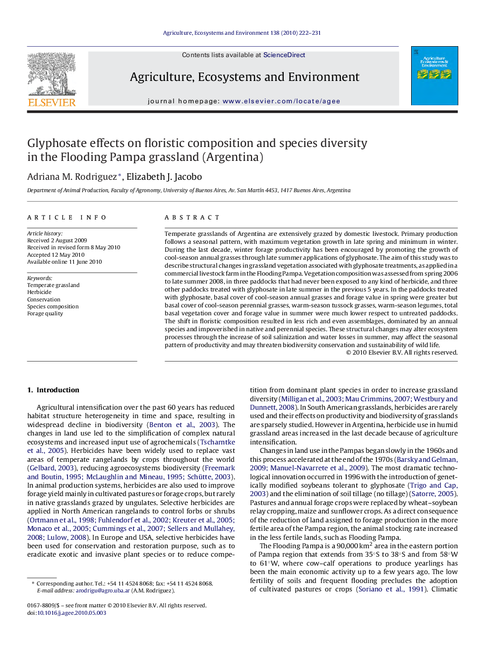 Glyphosate effects on floristic composition and species diversity in the Flooding Pampa grassland (Argentina)