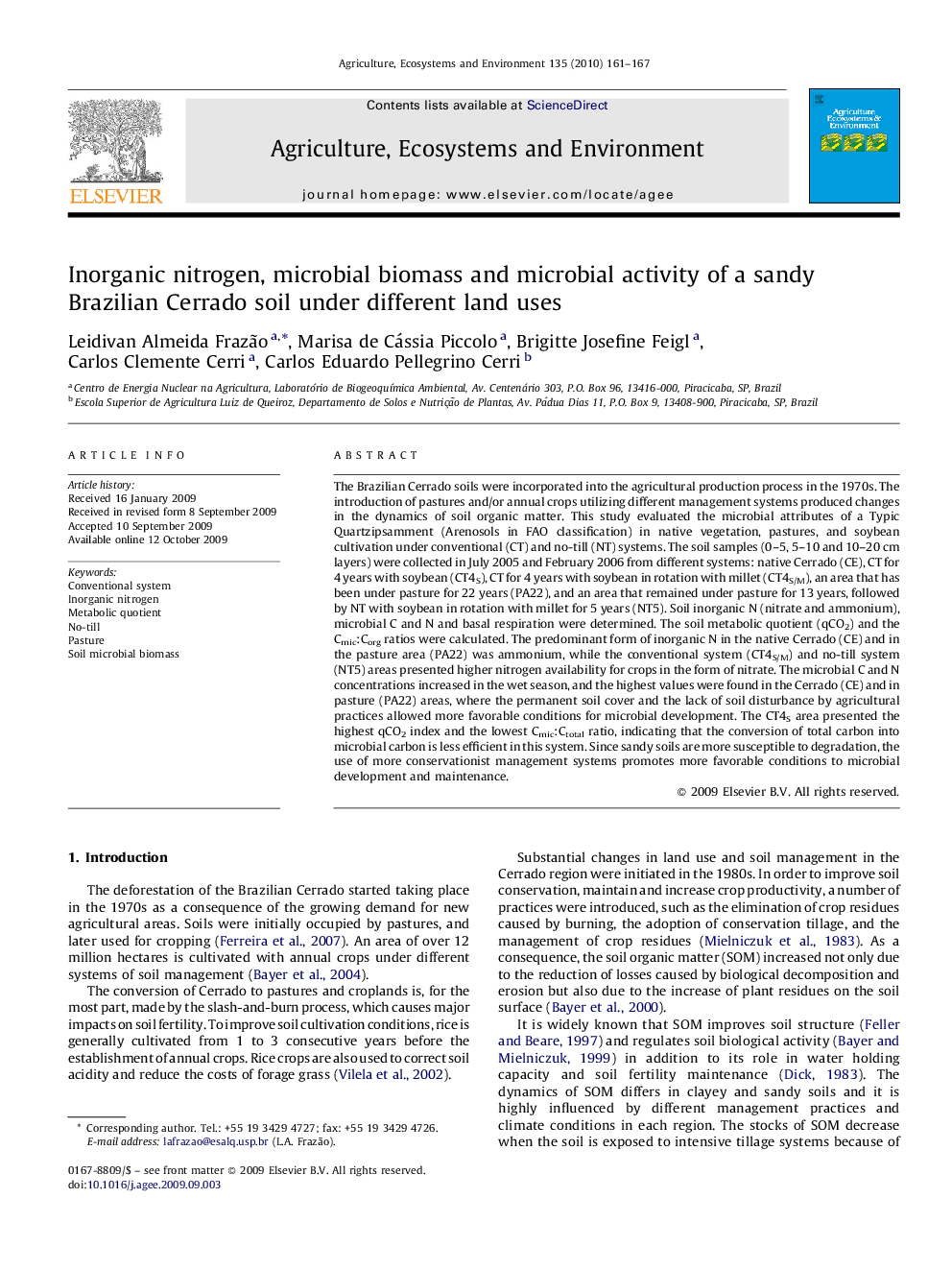 Inorganic nitrogen, microbial biomass and microbial activity of a sandy Brazilian Cerrado soil under different land uses