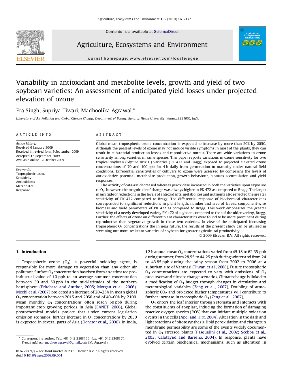 Variability in antioxidant and metabolite levels, growth and yield of two soybean varieties: An assessment of anticipated yield losses under projected elevation of ozone