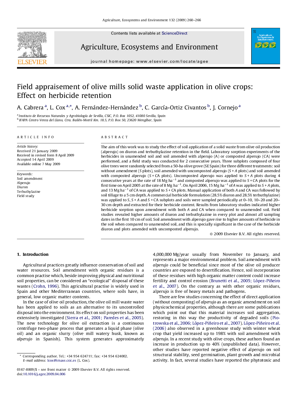 Field appraisement of olive mills solid waste application in olive crops: Effect on herbicide retention