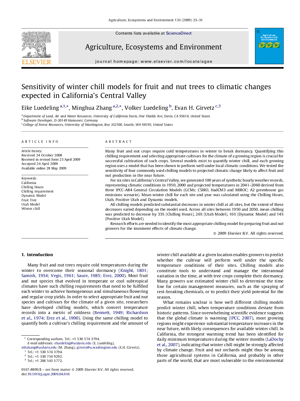 Sensitivity of winter chill models for fruit and nut trees to climatic changes expected in California's Central Valley