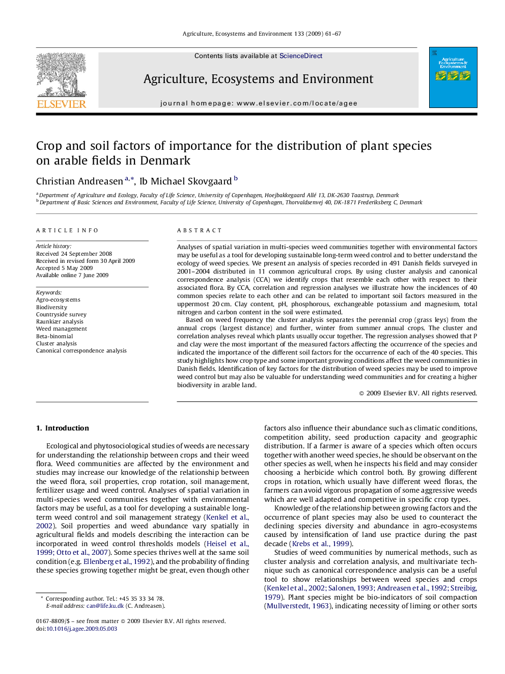 Crop and soil factors of importance for the distribution of plant species on arable fields in Denmark