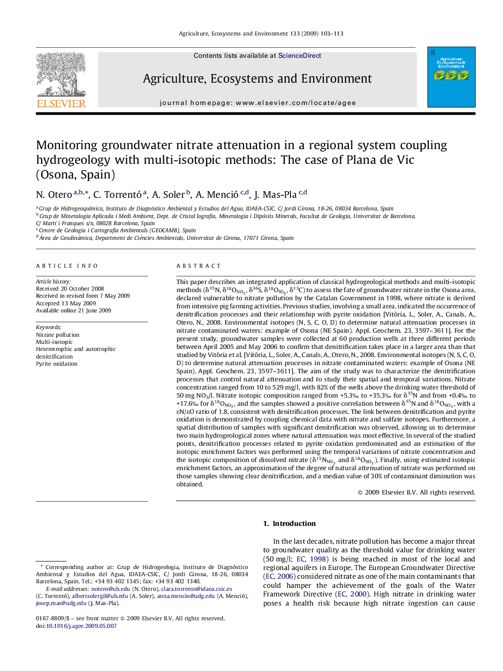 Monitoring groundwater nitrate attenuation in a regional system coupling hydrogeology with multi-isotopic methods: The case of Plana de Vic (Osona, Spain)