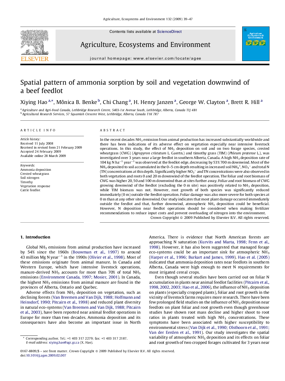 Spatial pattern of ammonia sorption by soil and vegetation downwind of a beef feedlot