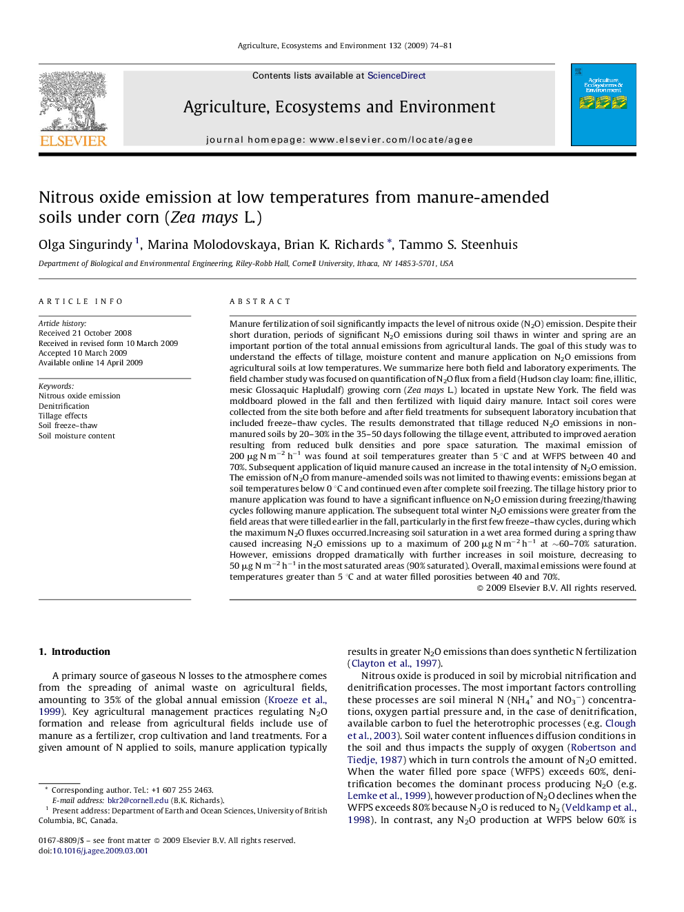 Nitrous oxide emission at low temperatures from manure-amended soils under corn (Zea mays L.)