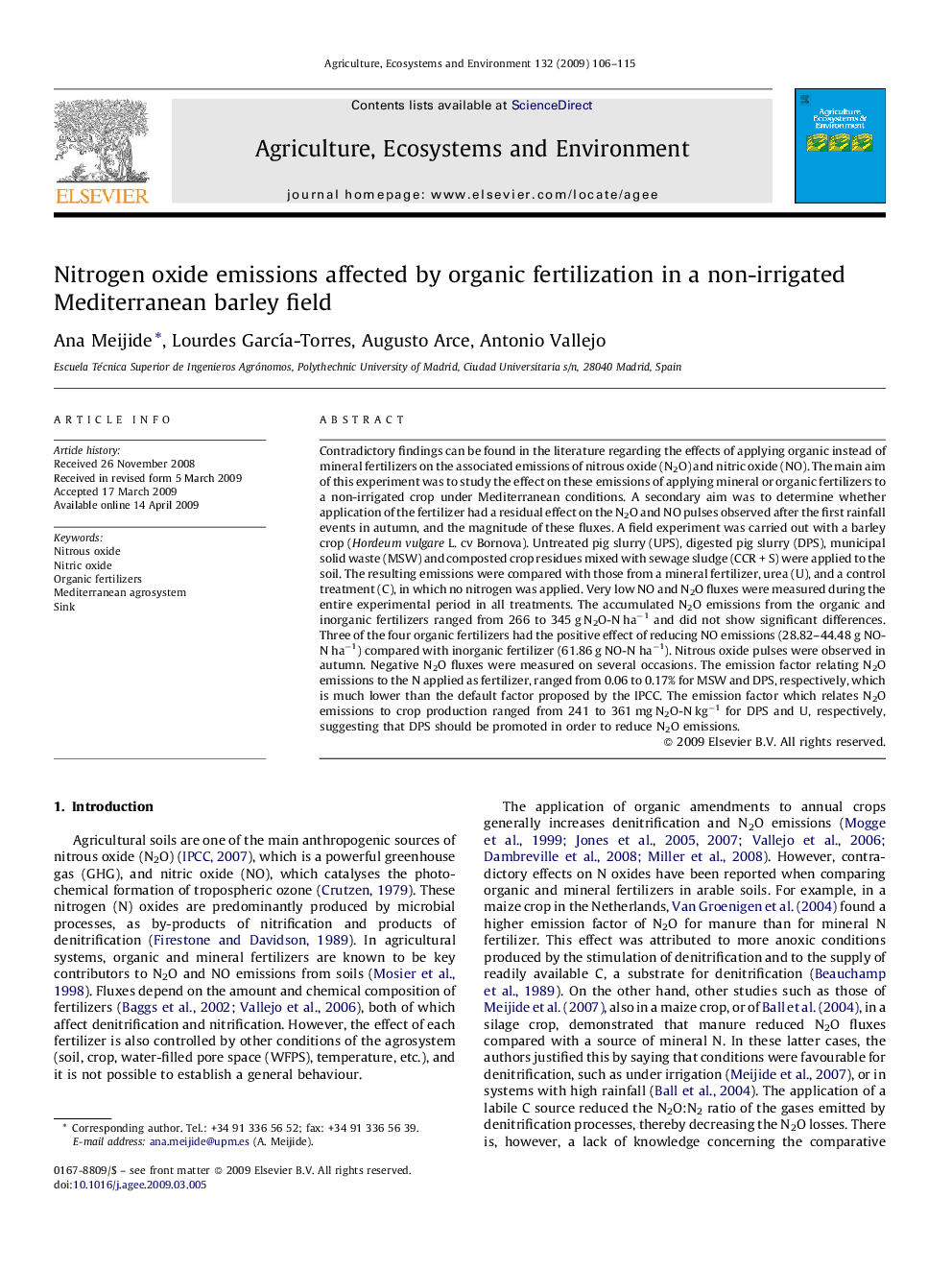 Nitrogen oxide emissions affected by organic fertilization in a non-irrigated Mediterranean barley field