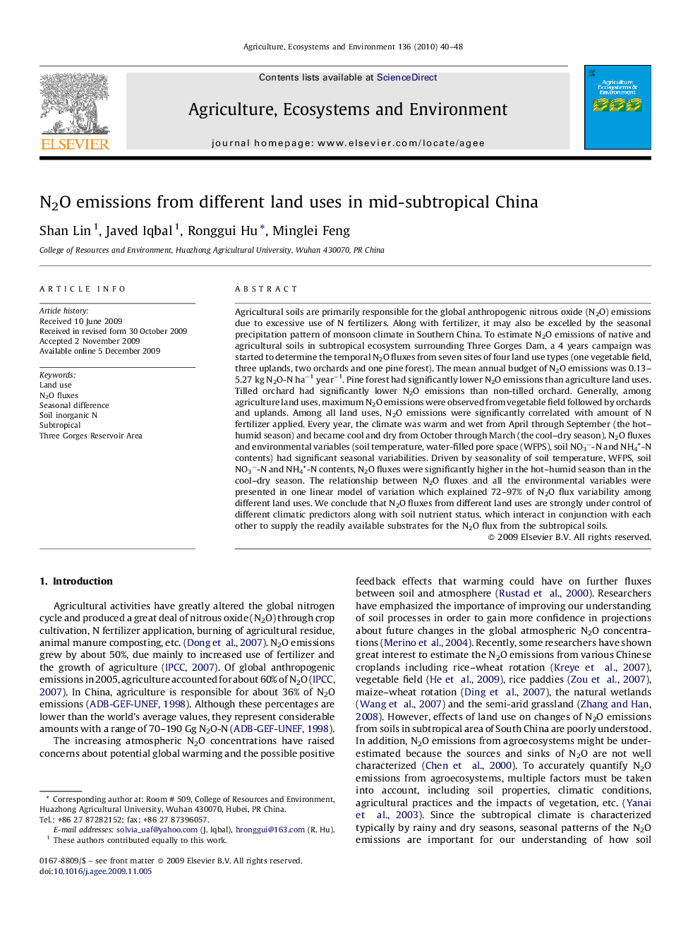 N2O emissions from different land uses in mid-subtropical China