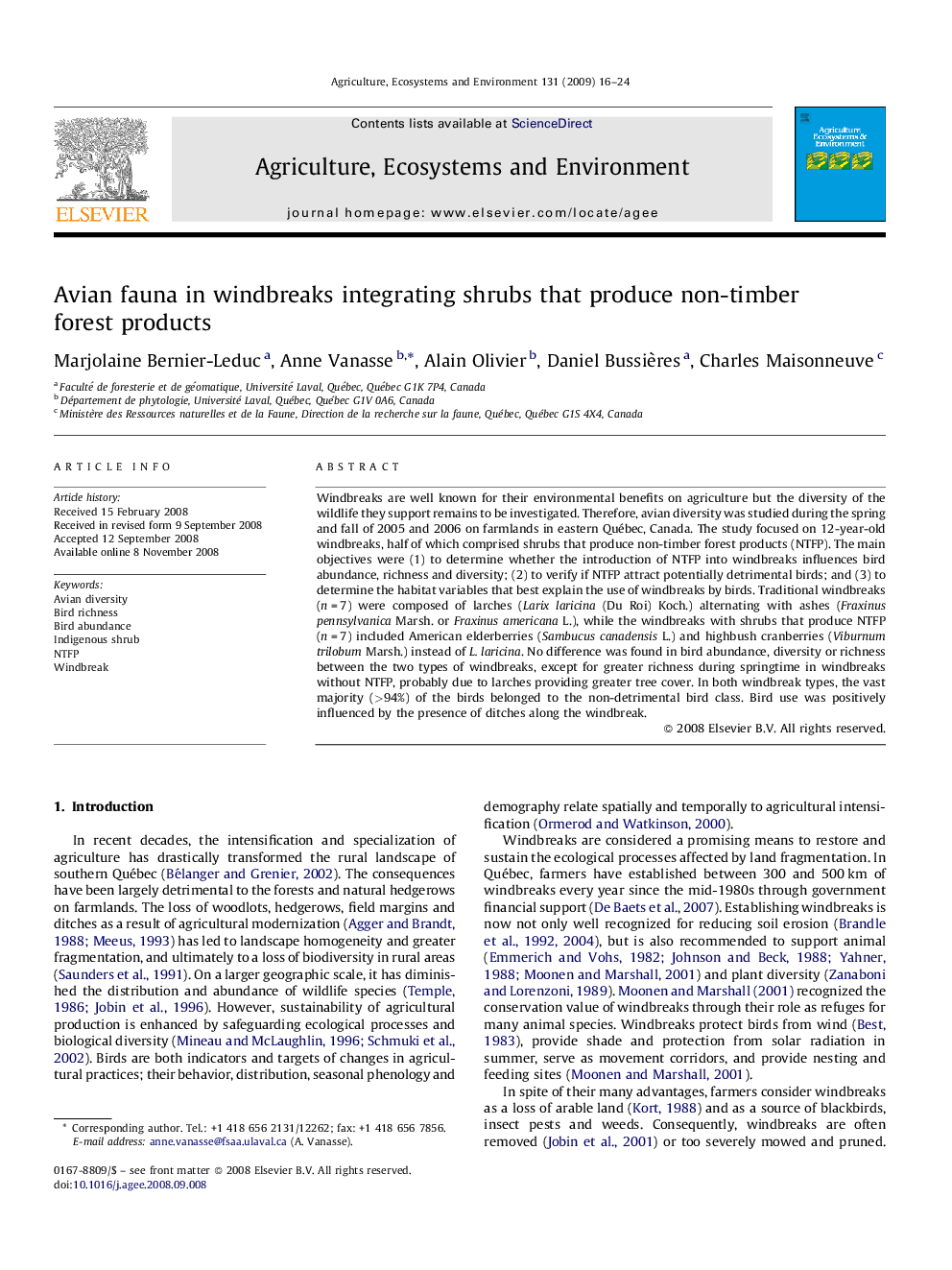 Avian fauna in windbreaks integrating shrubs that produce non-timber forest products