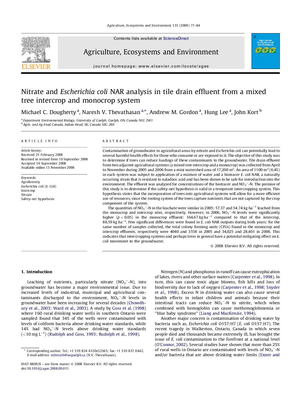 Nitrate and Escherichia coli NAR analysis in tile drain effluent from a mixed tree intercrop and monocrop system