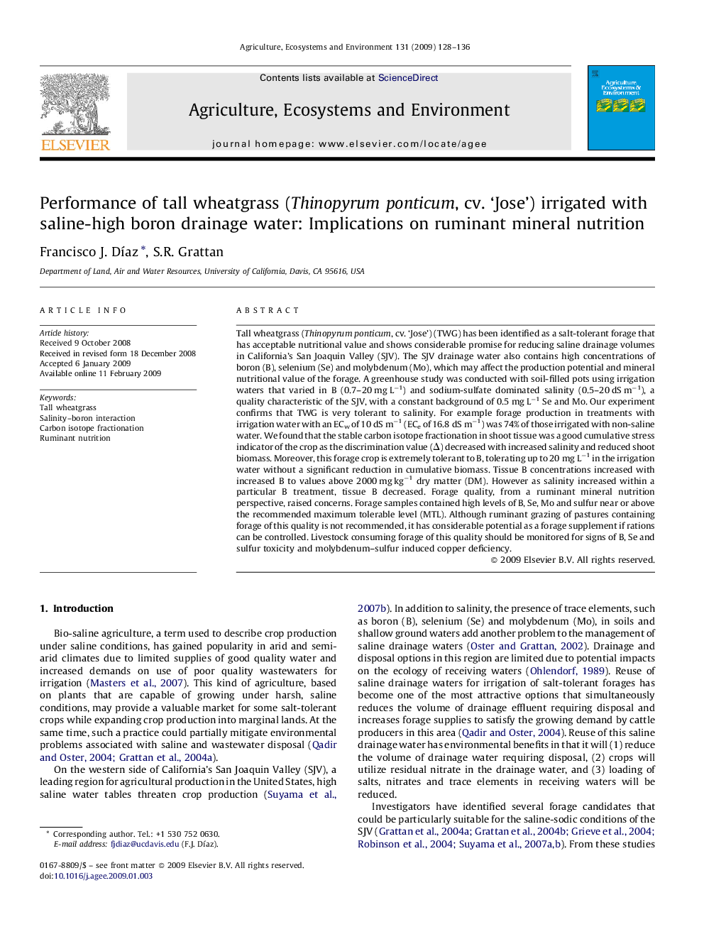 Performance of tall wheatgrass (Thinopyrum ponticum, cv. ‘Jose’) irrigated with saline-high boron drainage water: Implications on ruminant mineral nutrition