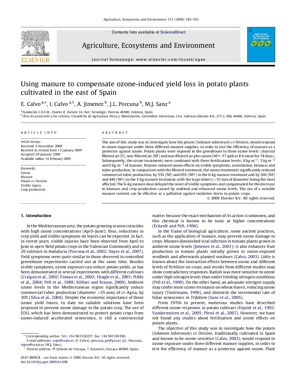 Using manure to compensate ozone-induced yield loss in potato plants cultivated in the east of Spain