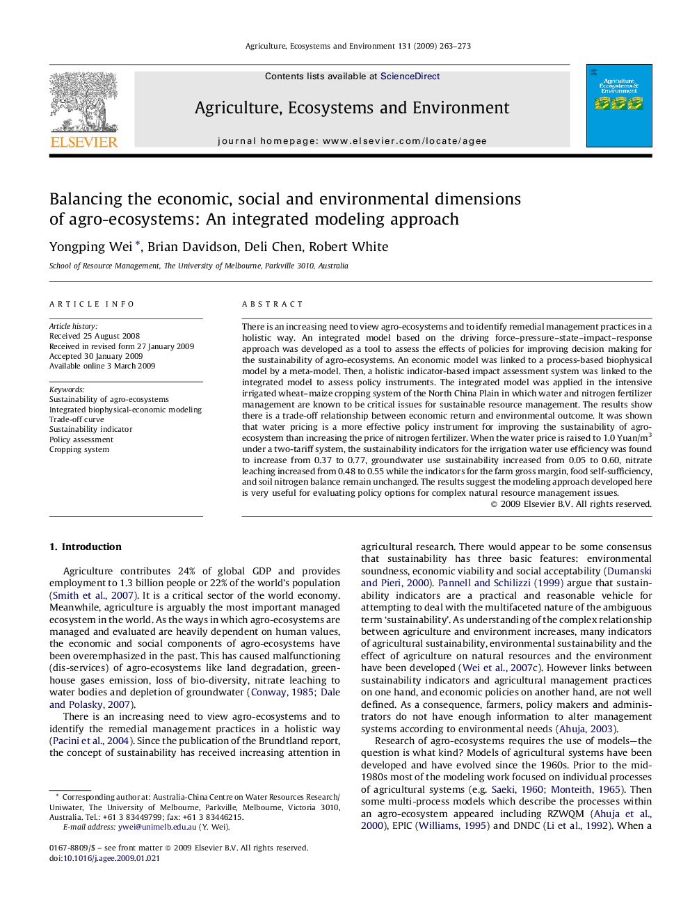 Balancing the economic, social and environmental dimensions of agro-ecosystems: An integrated modeling approach