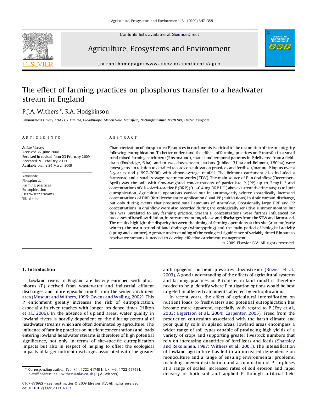 The effect of farming practices on phosphorus transfer to a headwater stream in England