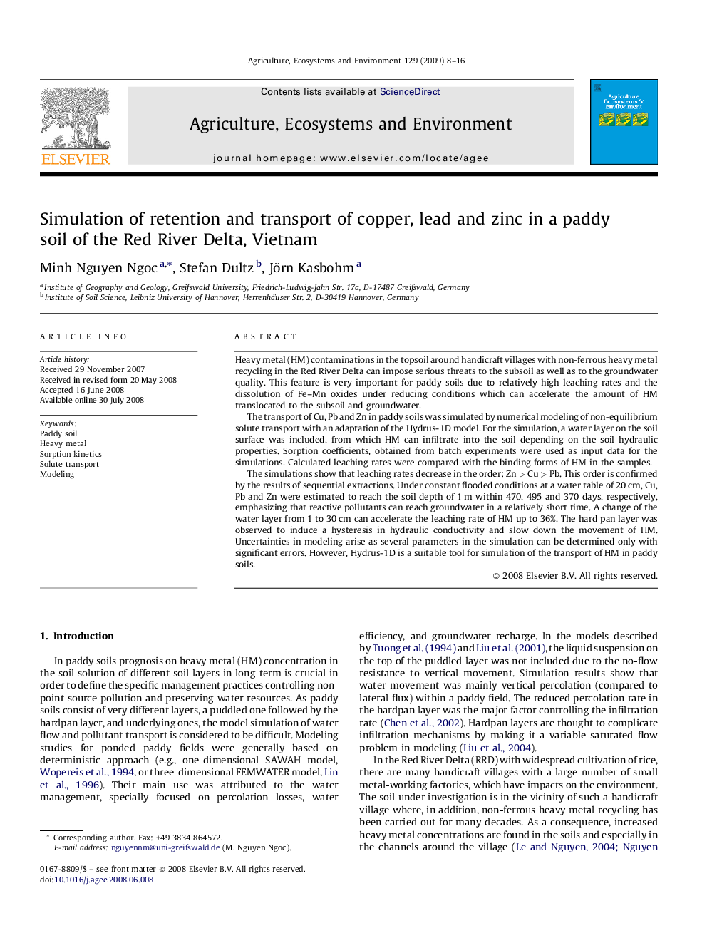 Simulation of retention and transport of copper, lead and zinc in a paddy soil of the Red River Delta, Vietnam