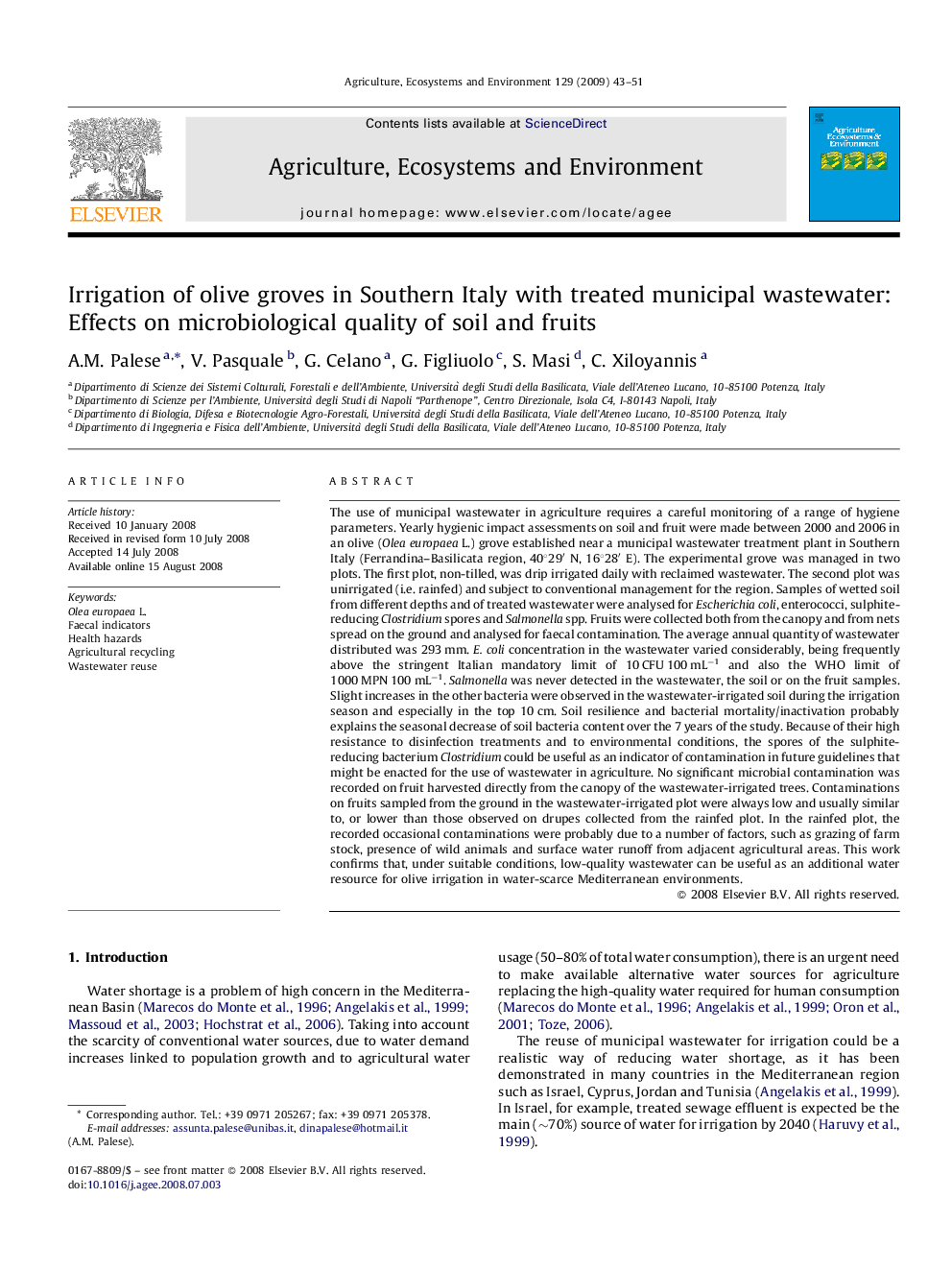 Irrigation of olive groves in Southern Italy with treated municipal wastewater: Effects on microbiological quality of soil and fruits