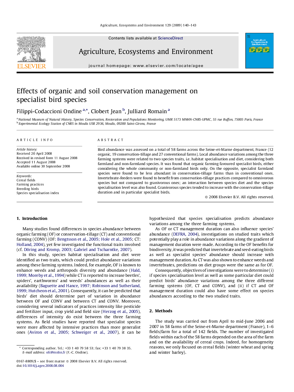 Effects of organic and soil conservation management on specialist bird species