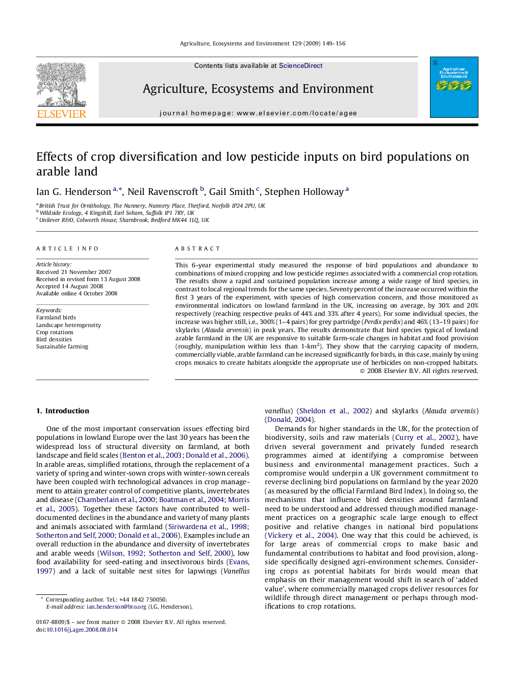 Effects of crop diversification and low pesticide inputs on bird populations on arable land