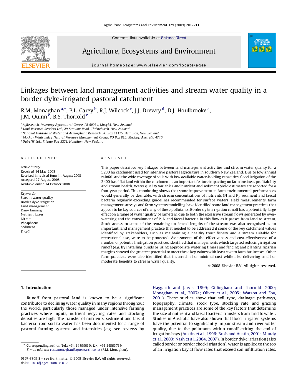 Linkages between land management activities and stream water quality in a border dyke-irrigated pastoral catchment