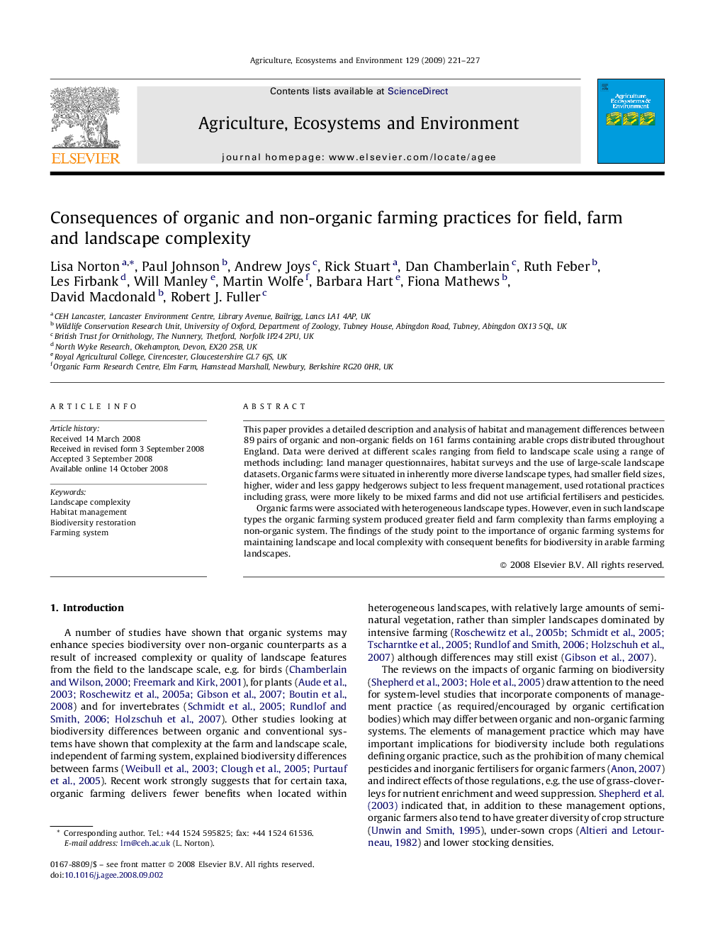 Consequences of organic and non-organic farming practices for field, farm and landscape complexity