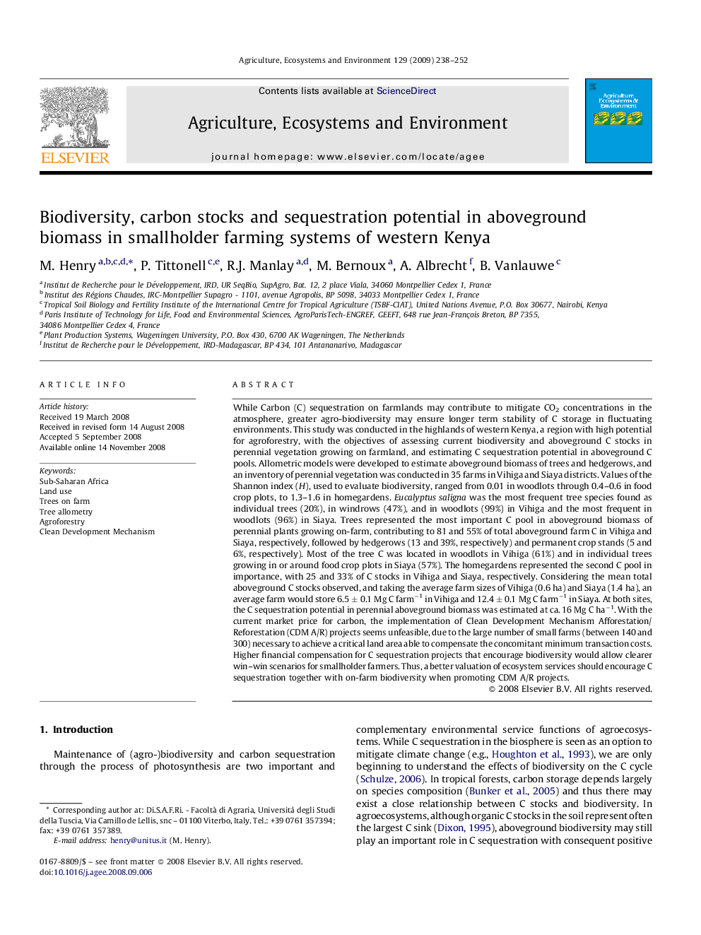 Biodiversity, carbon stocks and sequestration potential in aboveground biomass in smallholder farming systems of western Kenya