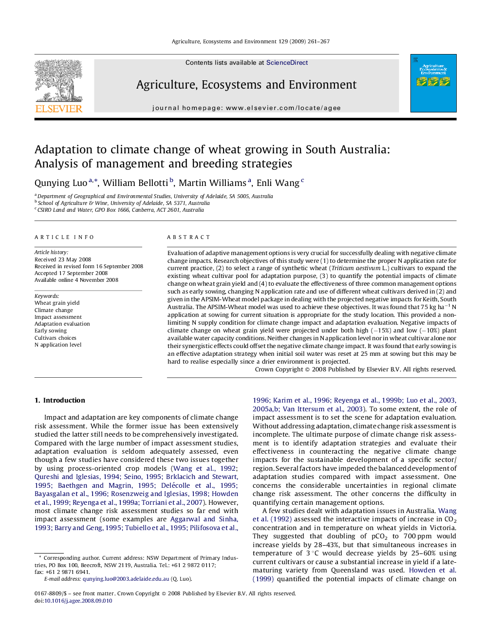 Adaptation to climate change of wheat growing in South Australia: Analysis of management and breeding strategies