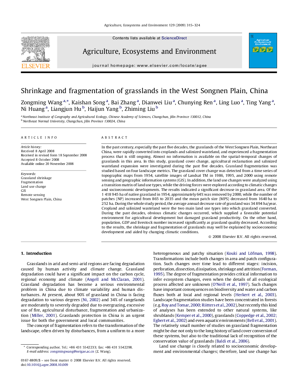 Shrinkage and fragmentation of grasslands in the West Songnen Plain, China