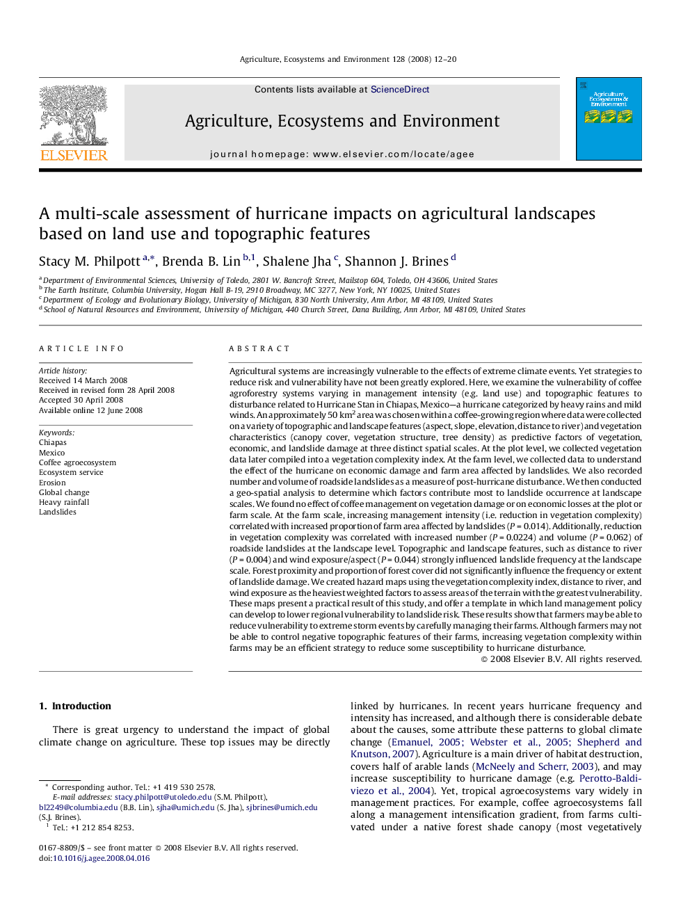 A multi-scale assessment of hurricane impacts on agricultural landscapes based on land use and topographic features