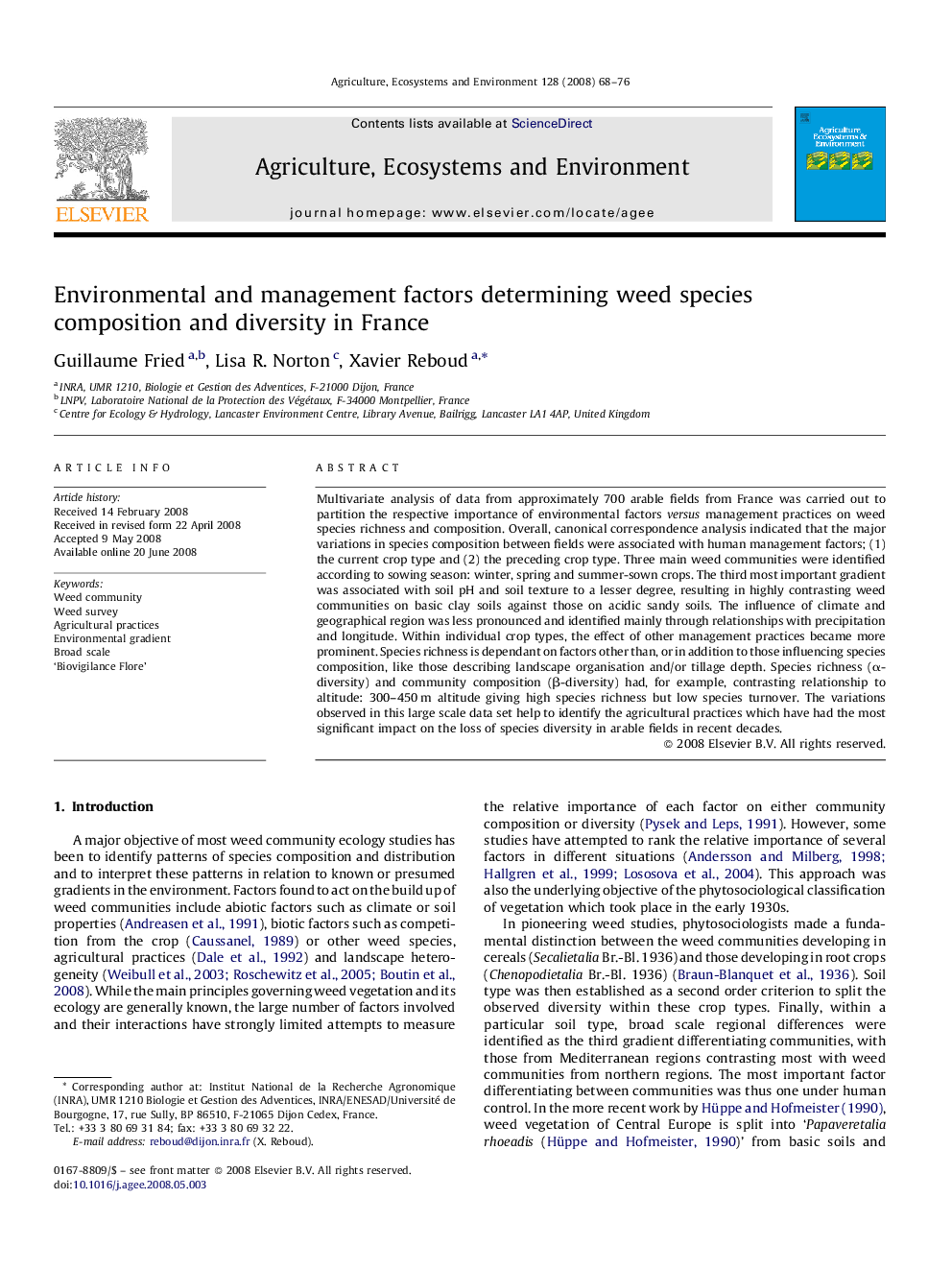 Environmental and management factors determining weed species composition and diversity in France