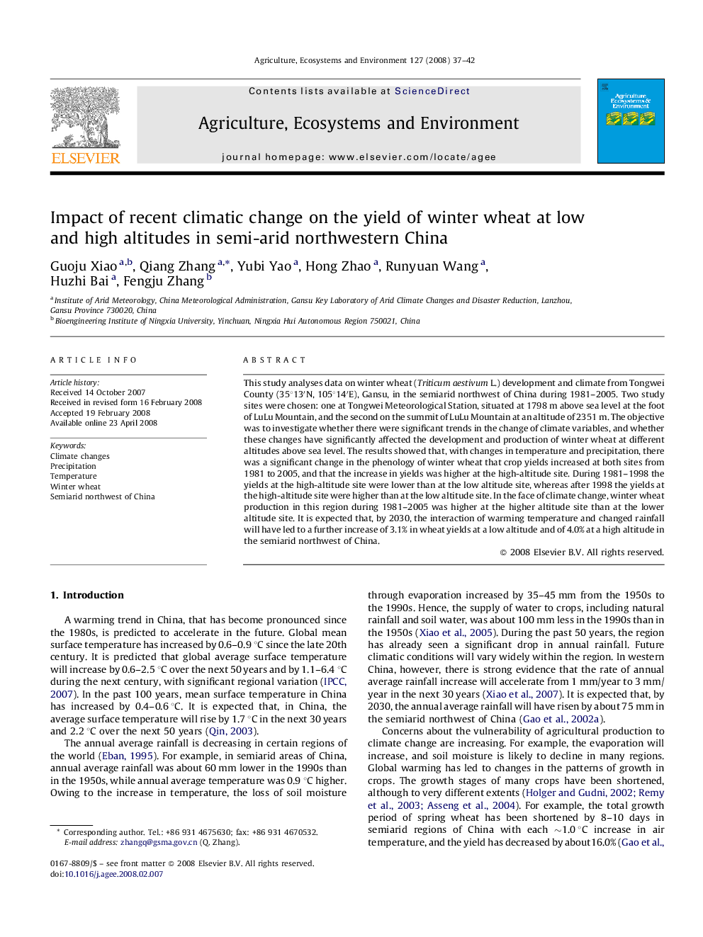 Impact of recent climatic change on the yield of winter wheat at low and high altitudes in semi-arid northwestern China