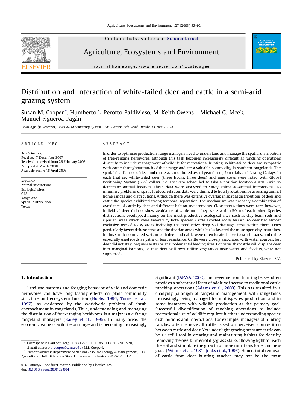 Distribution and interaction of white-tailed deer and cattle in a semi-arid grazing system