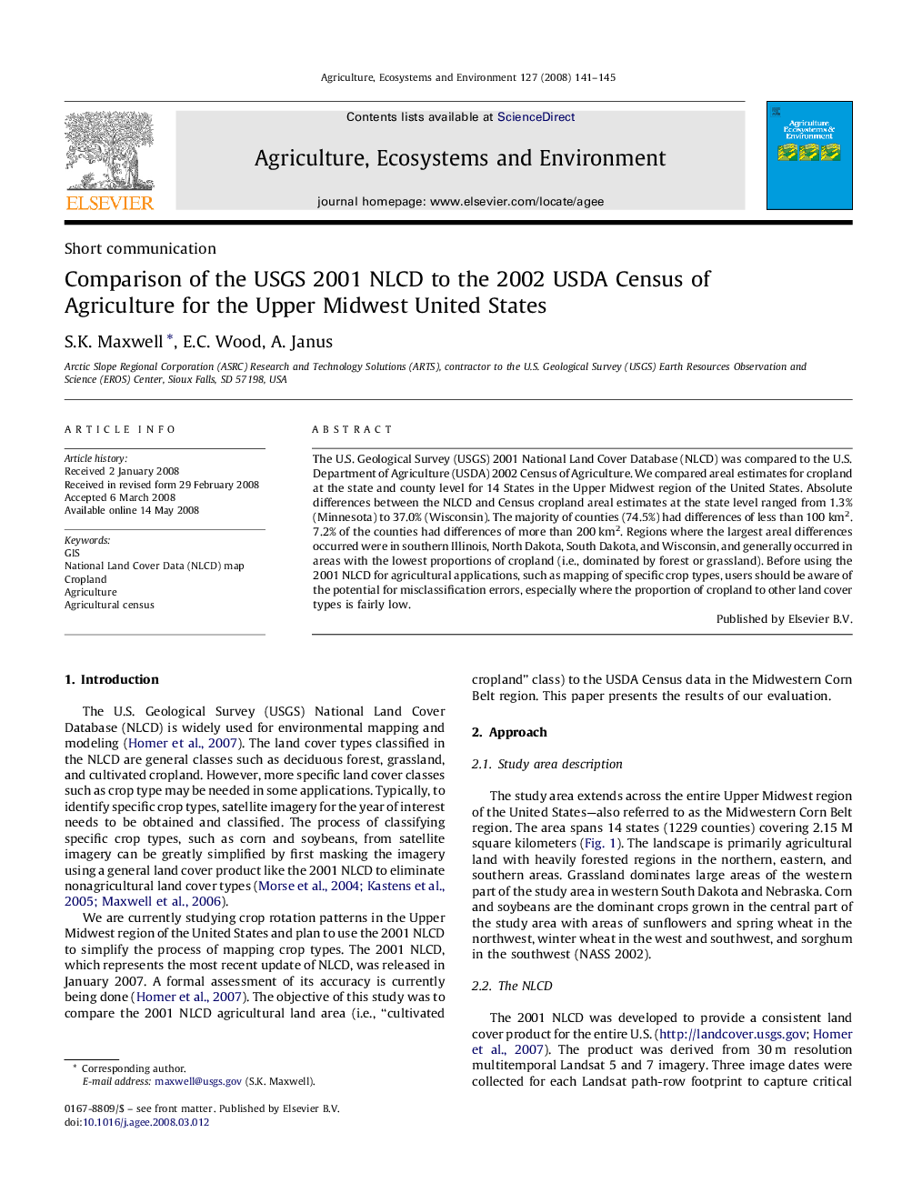 Comparison of the USGS 2001 NLCD to the 2002 USDA Census of Agriculture for the Upper Midwest United States