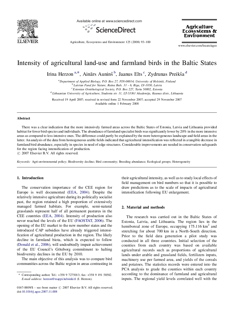 Intensity of agricultural land-use and farmland birds in the Baltic States