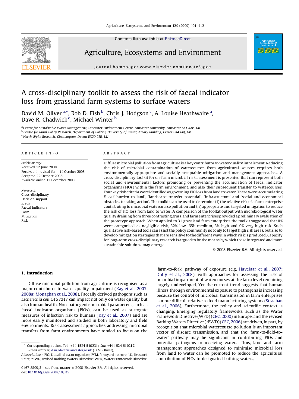 A cross-disciplinary toolkit to assess the risk of faecal indicator loss from grassland farm systems to surface waters