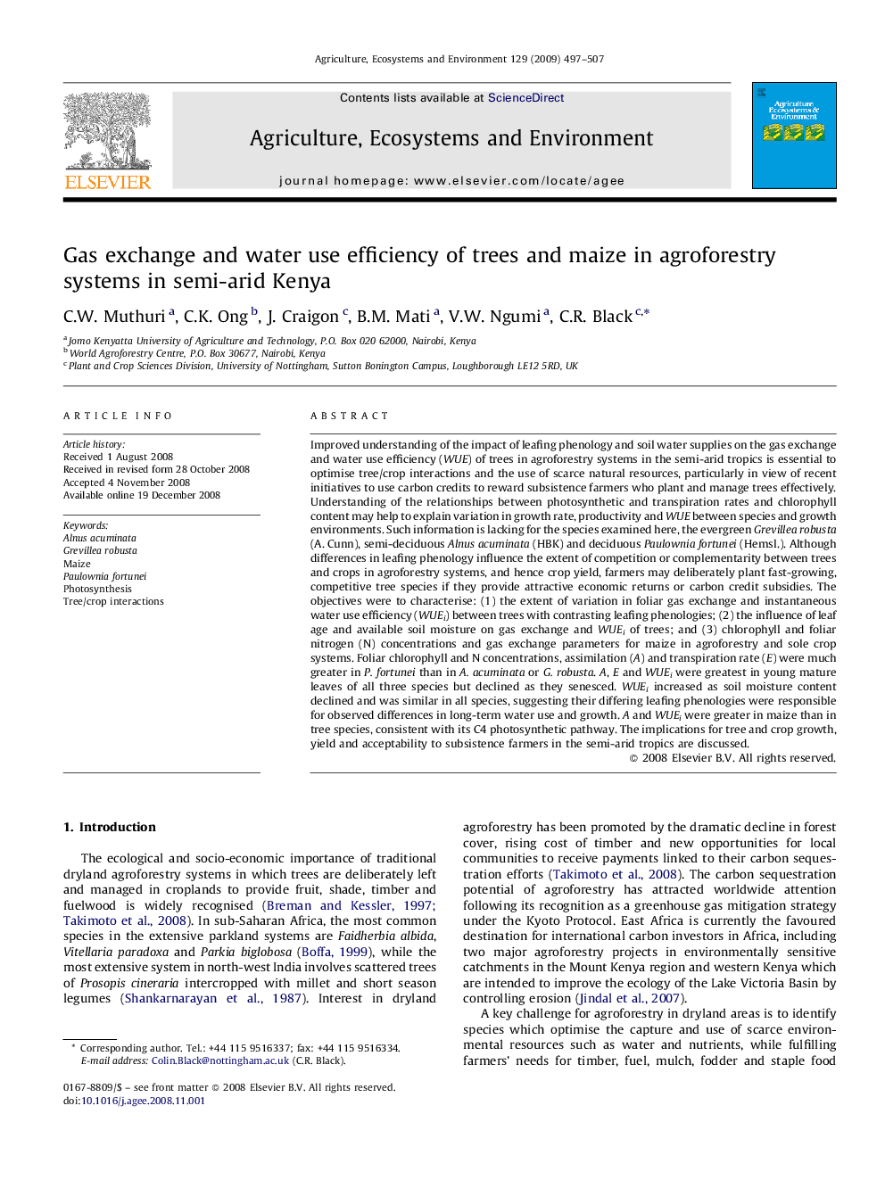 Gas exchange and water use efficiency of trees and maize in agroforestry systems in semi-arid Kenya