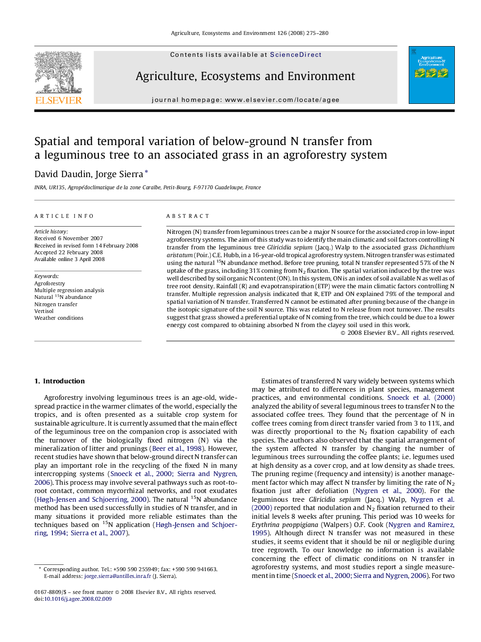 Spatial and temporal variation of below-ground N transfer from a leguminous tree to an associated grass in an agroforestry system