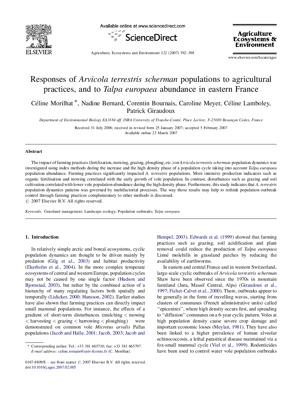 Responses of Arvicola terrestris scherman populations to agricultural practices, and to Talpa europaea abundance in eastern France