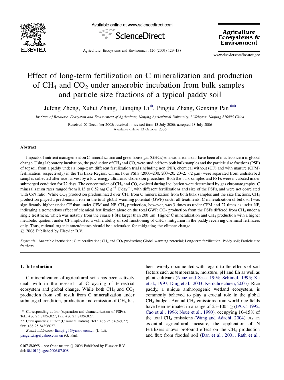 Effect of long-term fertilization on C mineralization and production of CH4 and CO2 under anaerobic incubation from bulk samples and particle size fractions of a typical paddy soil