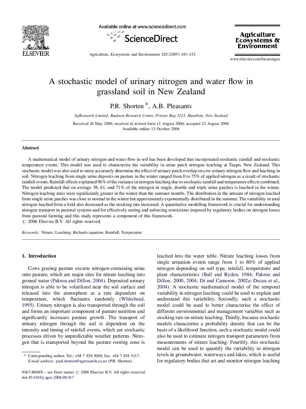 A stochastic model of urinary nitrogen and water flow in grassland soil in New Zealand