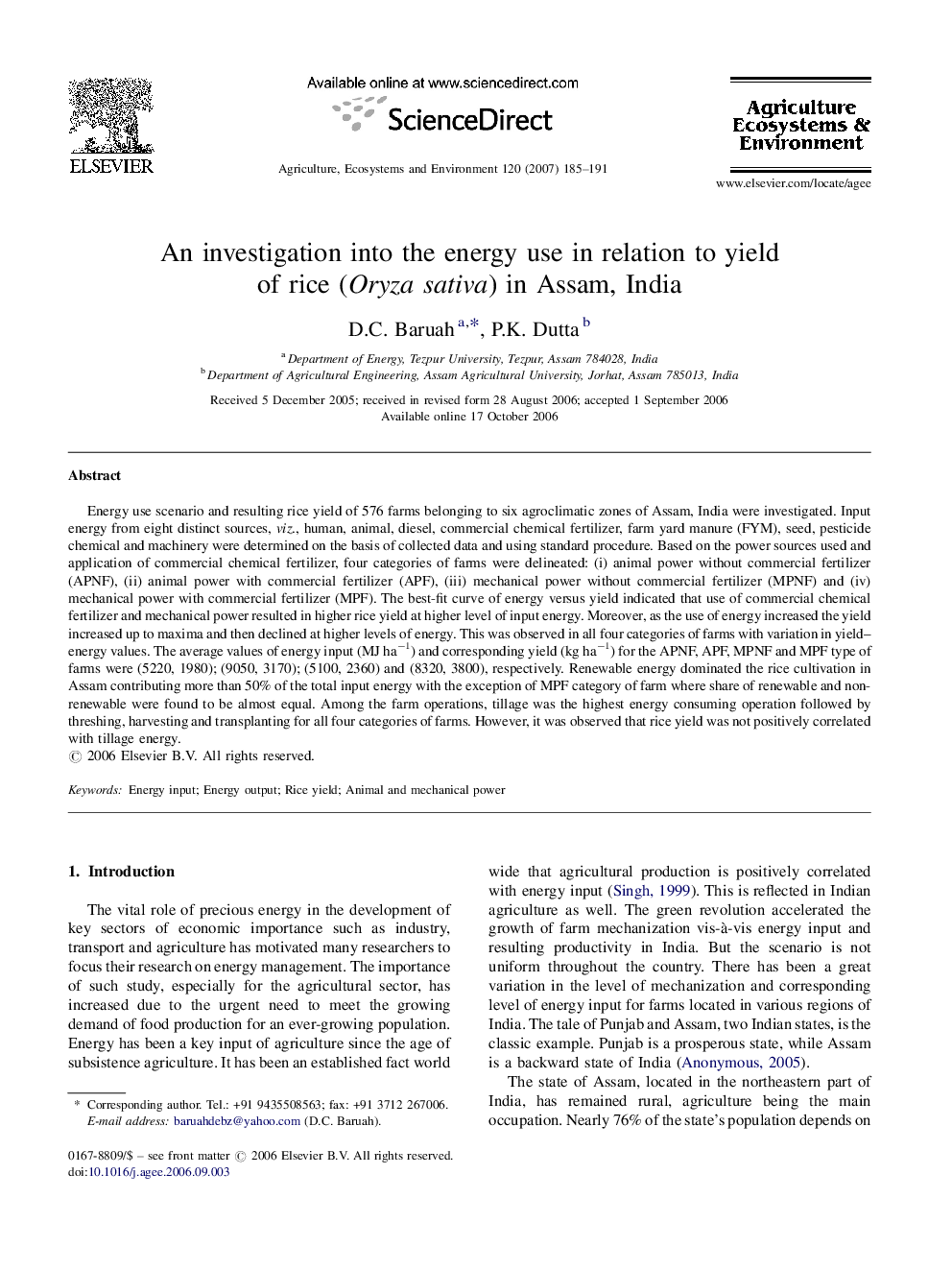 An investigation into the energy use in relation to yield of rice (Oryza sativa) in Assam, India