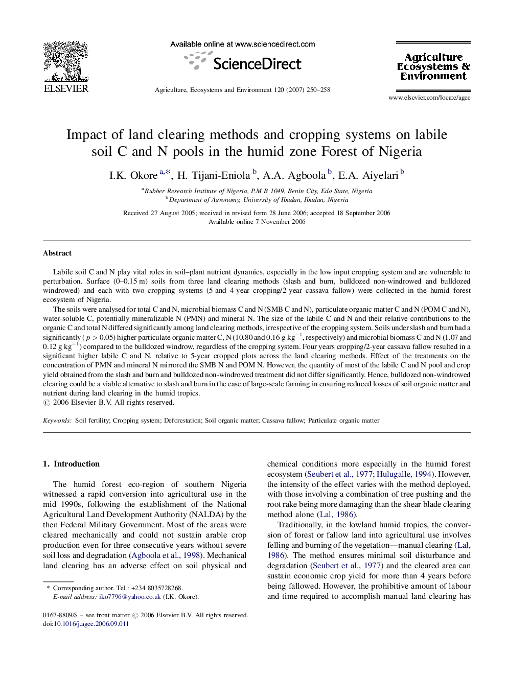 Impact of land clearing methods and cropping systems on labile soil C and N pools in the humid zone Forest of Nigeria