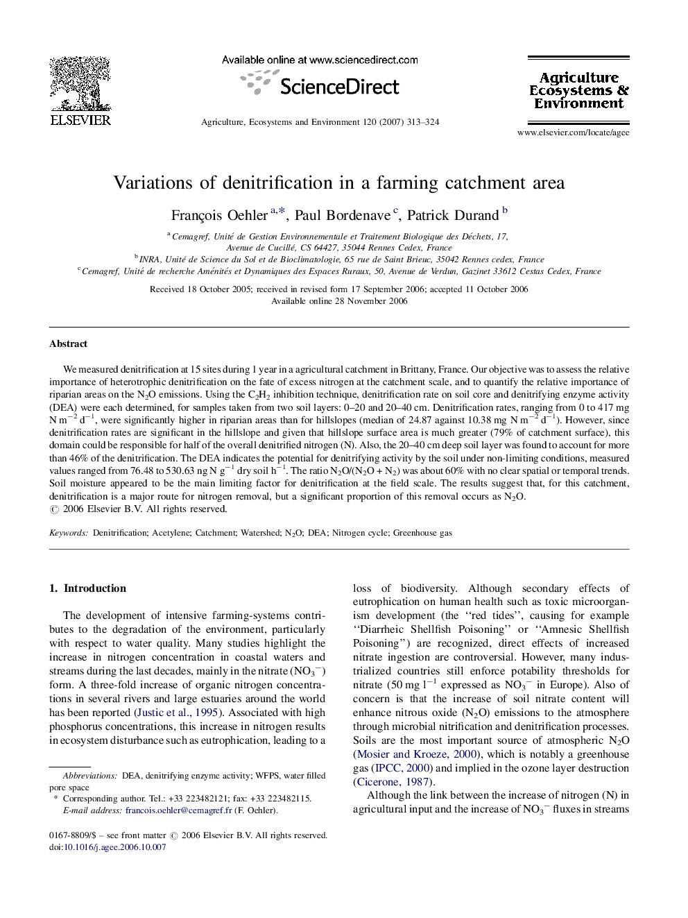 Variations of denitrification in a farming catchment area