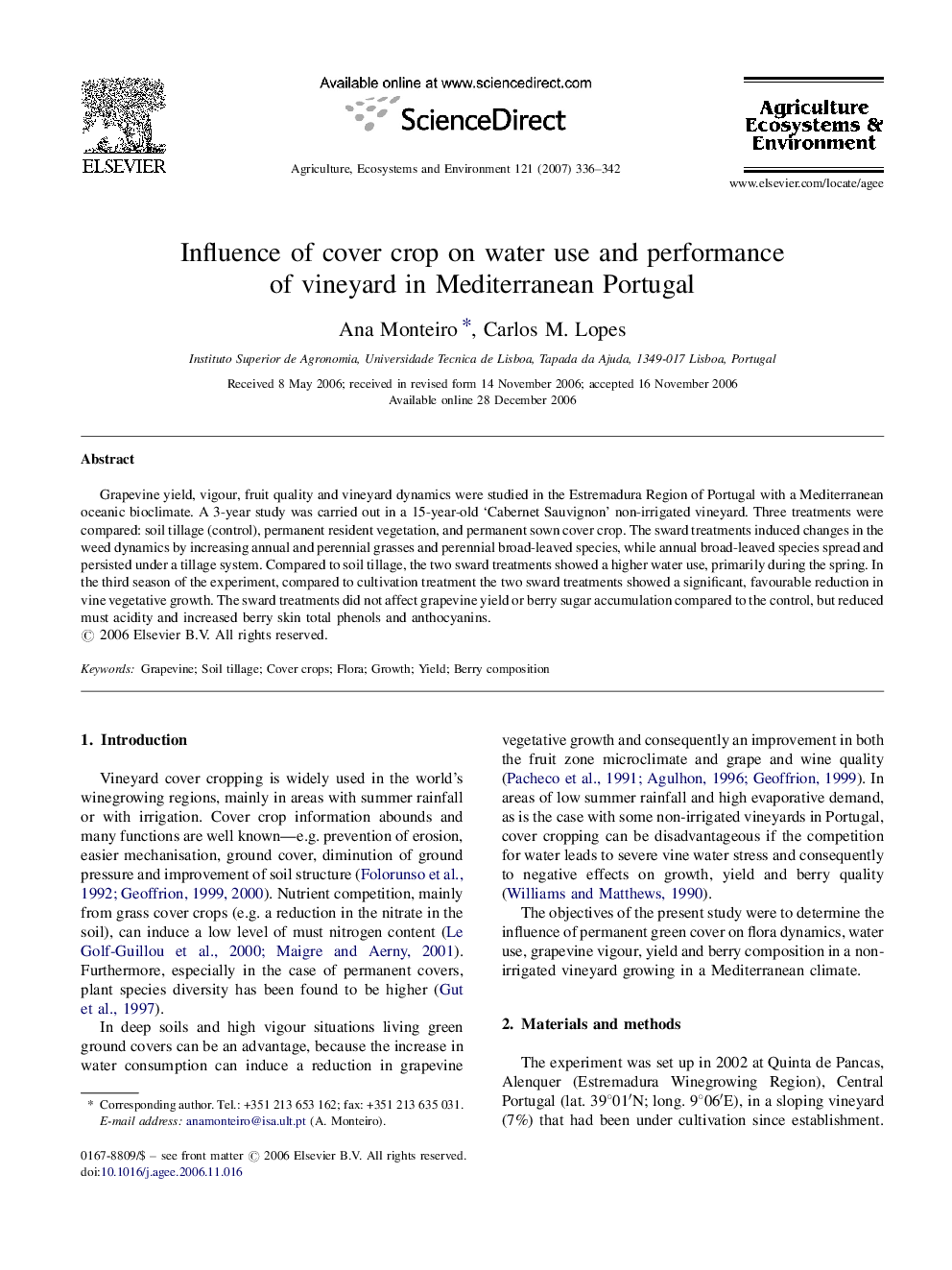 Influence of cover crop on water use and performance of vineyard in Mediterranean Portugal