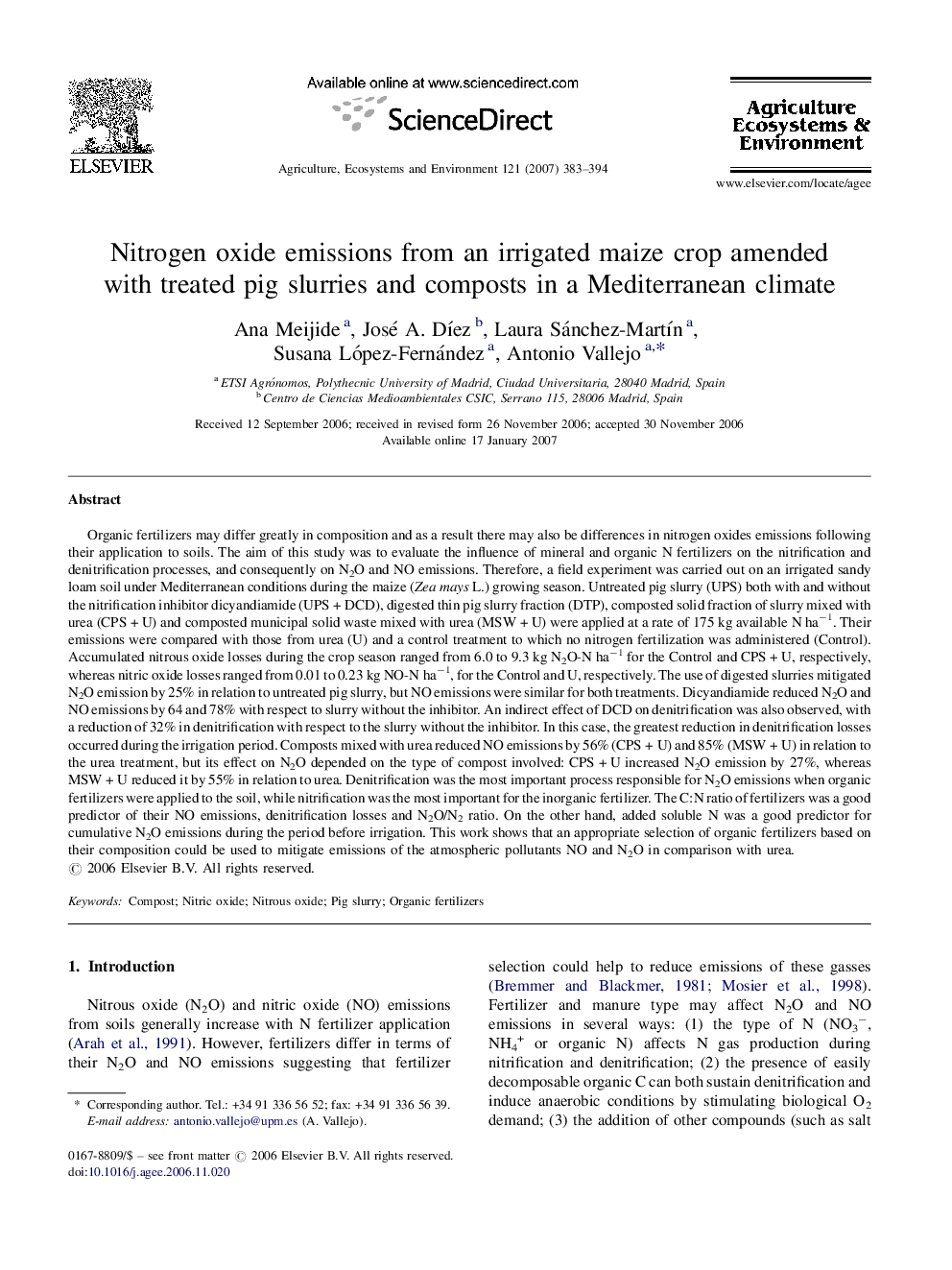 Nitrogen oxide emissions from an irrigated maize crop amended with treated pig slurries and composts in a Mediterranean climate